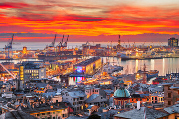 Naklejka premium Genova, Italy Skyline at Dusk