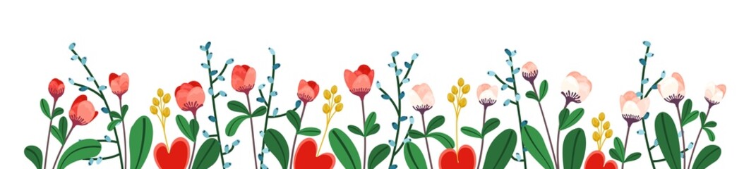 Roses. Large floral banner with different bright flowers. Rich flowery meadow. Design elements for decoration. Vector