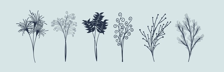 Plant silhouettes. Bouquets of different branches, herbs and flowers. Set of vector design elements. Trendy minimalistic art