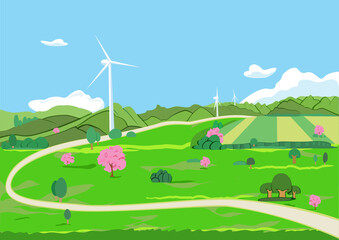 Wind power generation equipment and landscape illustration in spring