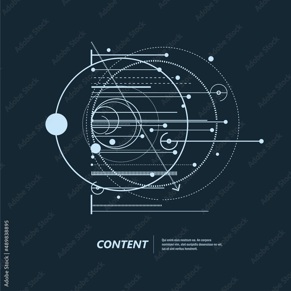 Poster Geometric technology vector drawing design. Technical wallpaper. Abstract scheme with lines and circles on dark background