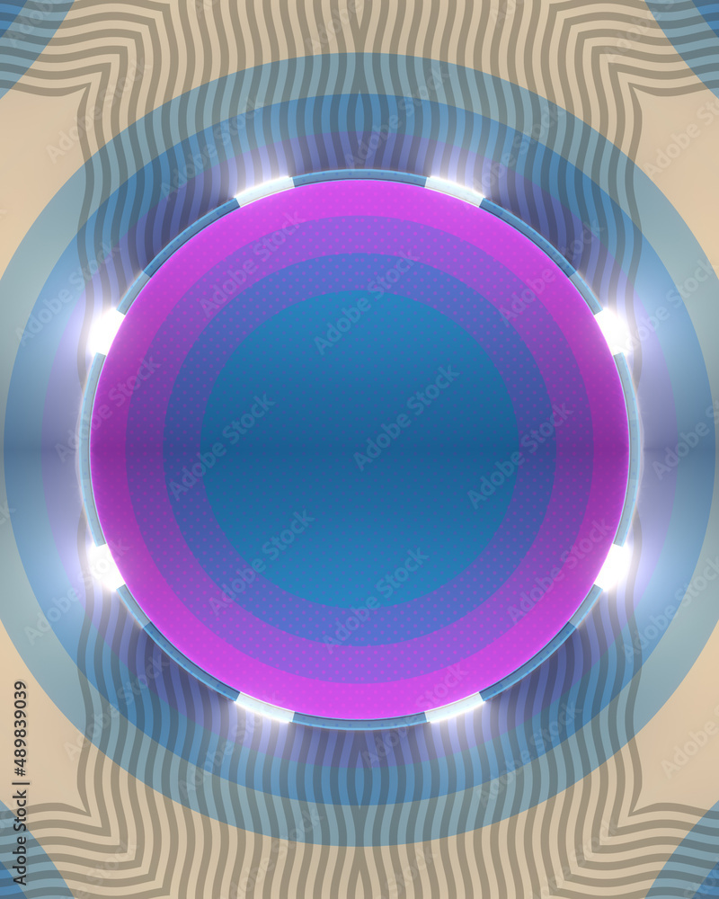 Poster Rounded figures with neon colors and luminous ring in the center. 3d rendering digital illustration