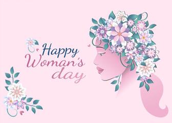 happy international woman's day, hand drown vector illustration with woman's head silhouette and paper cut flowers