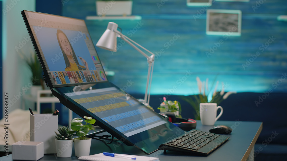 Poster close up of retouching app in empty photography studio. nobody in editing workplace for pictures and