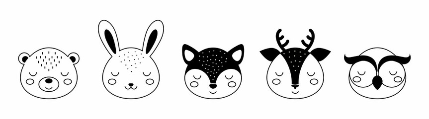 Collection of cartoon animal faces in scandinavian style. Cute animals for kids t-shirts, wear, nursery decoration, greeting cards. Black and white bear, hare, fox, deer, owl.
