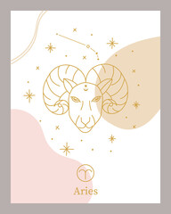 Zodiac Aries horoscope sign line abstract art silhouette design vector illustration. Creative decorative, Aries emblem template for mystic logo, calendar print in boho minimal style