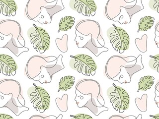 Seamless pattern with Young woman portrait, Gua sha stones, tropical leaf line art. Natural rose quartz Stone Scraper. Massage therapy. Repeated Vector illustration for wallpaper, textile, packaging