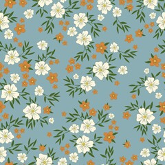 Fototapeta na wymiar Seamless vintage pattern. White and orange flowers, green leaves. Blue background. vector texture. fashionable print for textiles, wallpaper and packaging.