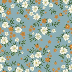 Seamless vintage pattern. White and orange flowers, green leaves. Blue background. vector texture. fashionable print for textiles, wallpaper and packaging.