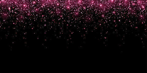 Wide pink glitter holiday confetti with glow lights on black background. Vector