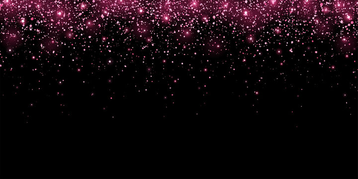 Wide pink glitter holiday confetti with glow lights on black background. Vector
