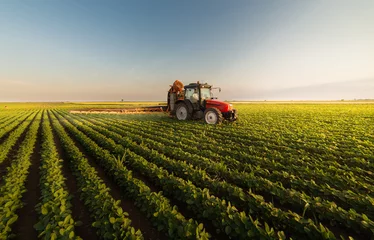 Zelfklevend Fotobehang Tractor Trekker die sojabonenveld besproeit in de lente