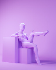 Purple Pink Lavender Woman Sitting Position Leaning Back Leg Raised Pose Meditating 3d illustration render	
