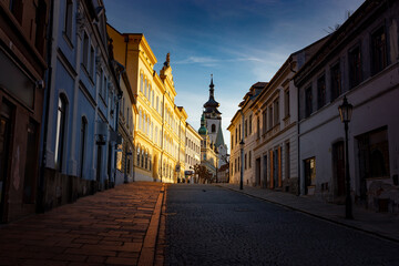 Street in Pisek - town in South Czechia. Sunny day.