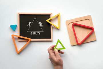 Time, Cost, Quality triangle chalk drawing on blackboard. Nested wood triangles in rainbow colors, human hand. Geometric education stacking puzzle pieces. Flat lay on white paper background.