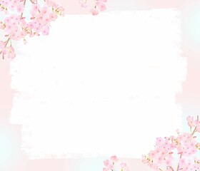 Fototapeta na wymiar 美しい水彩画風淡いピンク色の桜の花と花びら春の白バックのフレームベクター素材イラスト