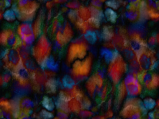 Seamless pattern of randomly spaced colored paint blobs on a black background