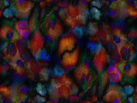 Seamless pattern of randomly spaced colored paint blobs on a black background