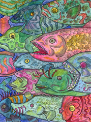 Colorful Marine Fantasy illustration of fish under water. Nautical vintage drawings, t-shirt and tattoo graphic