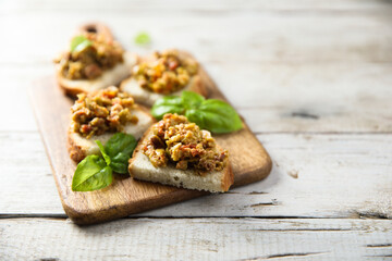 Homemade bruschetta with olive tapenade