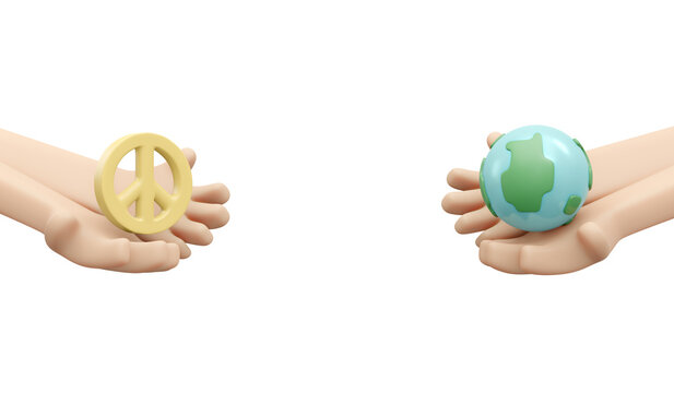 3D Rendering of hand holding globe and peace sign on white background concept of no war stop fighting save the world. 3D Render illustration cartoon style.