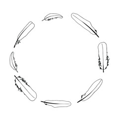 Romantic frame with feathers.Doodle line art bird frame.Round frame.Vector.