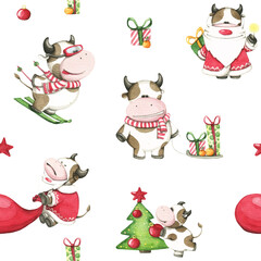 Cute cartoon seamless pattern for Christmas theme. New Year's pattern. Cartoon characters on a pattern