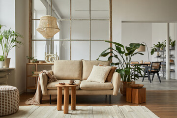 Modern living room interior composition with beige sofa, wooden coffee table and modern home...