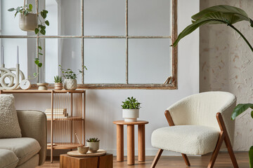 Stylish compositon of modern living room interior with frotte armchair, sofa, plants, wooden commode, side table and elegant home accessories. Home staging. Template. Copy space.