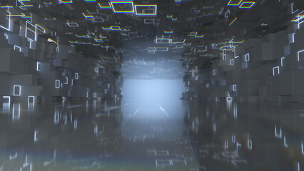 Tunnel of glowing cubes 3D render