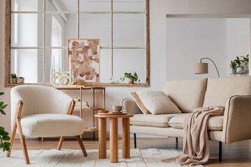 Stylish compositon of neutral living room interior with frotte armchair, sofa, creative painting,...