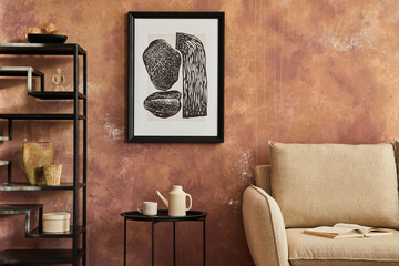 Elegant living room interior design with mock up poster frame, beige modern sofa, black metal shelf and stylish personal accessories. Creative wallpaper. Template. Copy space.