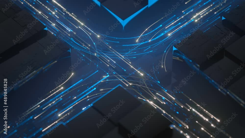 Poster blue and orange glow light trails. abstract futuristic technology background. big data transfer visu