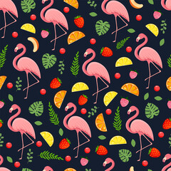 Seamless pattern with tropical bird flamingo, leaves, berries and fruits. Texture with a bird for textiles, wallpaper, print design, clothes postcards. Vector illustration.