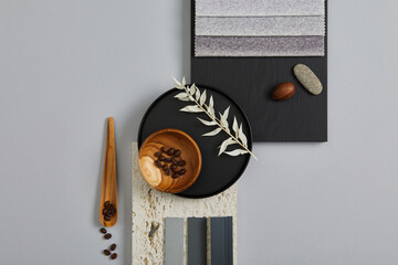 Perfect architect moodboard. Flat lay composition in light grey, black and brown color palette with...