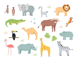 A set of cartoon animals of Africa, vector illustration of cute funny animals.