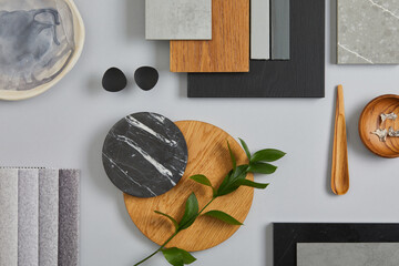 Elegant architect moodboard flat lay composition in light grey, black and brown color palette with...