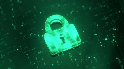 Green lock and secured digital data. Internet security technology metaphor. 3D render animation