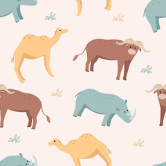 Seamless pattern African animals wallpaper for kids with cute funny cartoon animals.