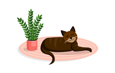 Brown cute cat lies on a cozy carpet. Vector cartoon illustration.