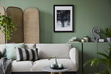 Elegant living room interior design with mockup poster frame, modern grey sofa, wooden commode,...