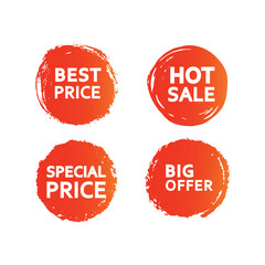 Four round labels with the inscription:: Best price, hot sale, special price, big offers.