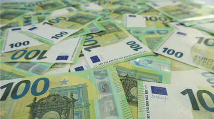 spreaded 100 euro banknotes background with bokeh  - obrazy, fototapety, plakaty