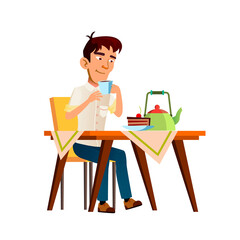 Teenager Boy Drinking Tea And Eating Cake Vector. Asian Teen Guy Drink Hot Beverage And Eat Pie Food At Desk, Enjoying Morning Breakfast. Character Enjoy Nutrition Flat Cartoon Illustration