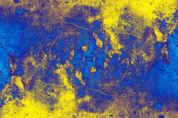 Blue and yellow painted old rustic concrete wall surface with heavy grunge texture for background