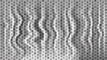 Vector financial poster with signs of many world currencies in hexagonal cells on a gray wavy background. Symbols of the dollar, euro, pound, yuan and others