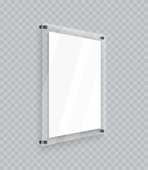 Acryl signage frame in perspective, Vertical poster place, realistic mockup isolated hanging on transparent wall. White glass display with nails for picture or photo, angle plexiglass plate.