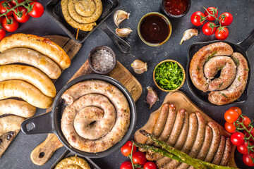 Assortment different fried sausages