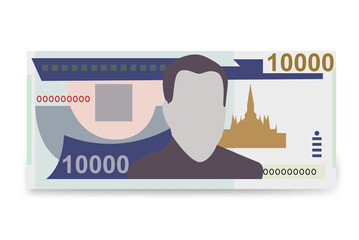 Lao Kip Vector Illustration. Laos money set bundle banknotes. Paper money 10000 LAK. Flat style. Isolated on white background. Simple minimal design.