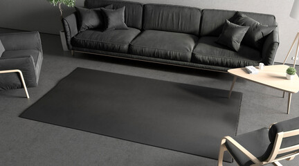 Blank black rectangular interior carpet in room mockup, top side